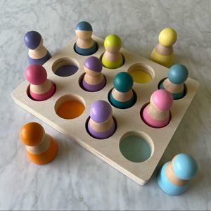 Montessori Pastel Rainbow Peg dolls with Wood Sorting Board